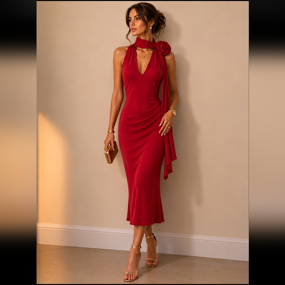 SHEIN Red Halter Midi Dress with Rosette Scarf Detail